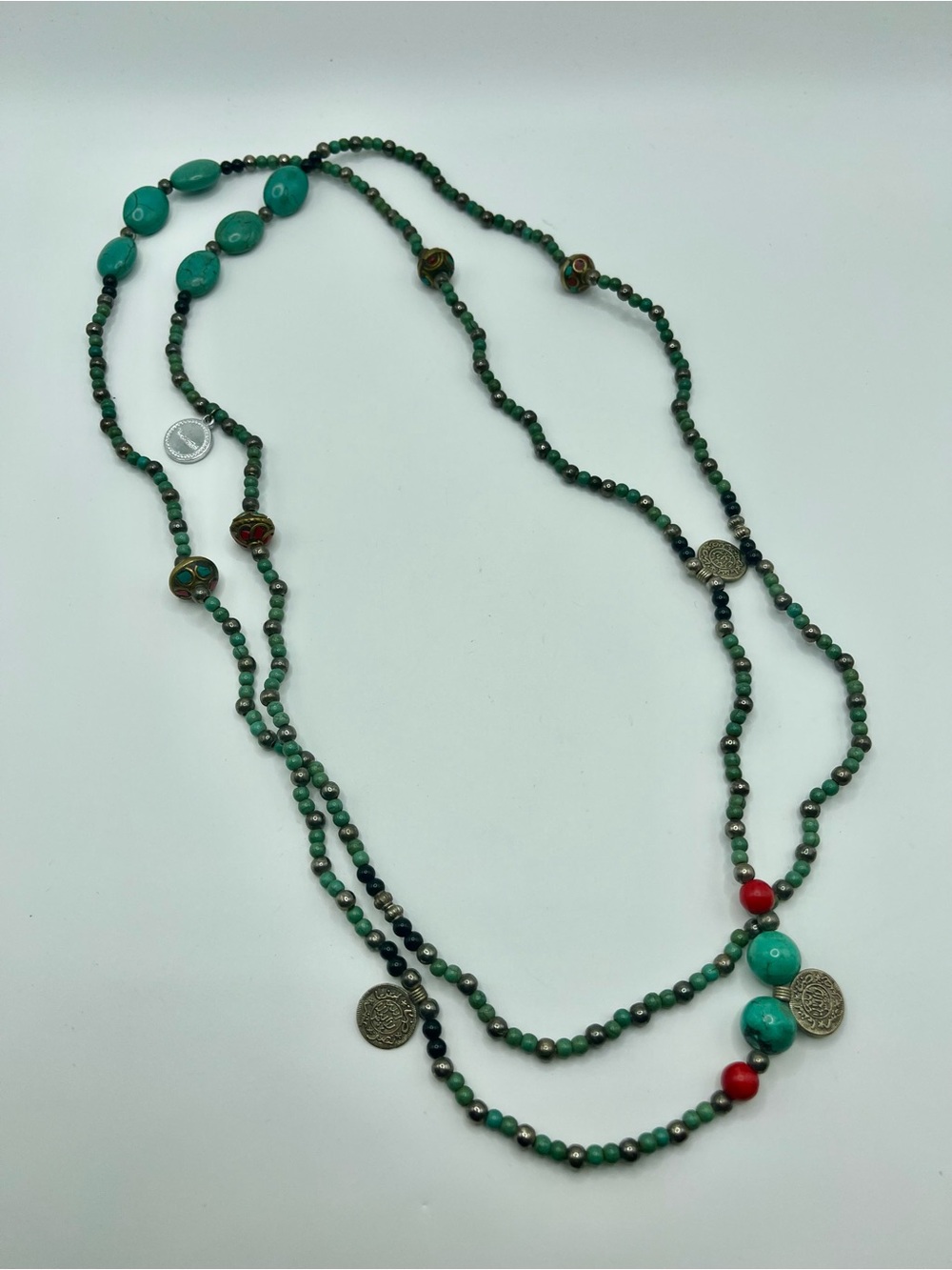 Toscana Long Boho Strand Beaded Necklace with Faux Turquoise Coral Accents